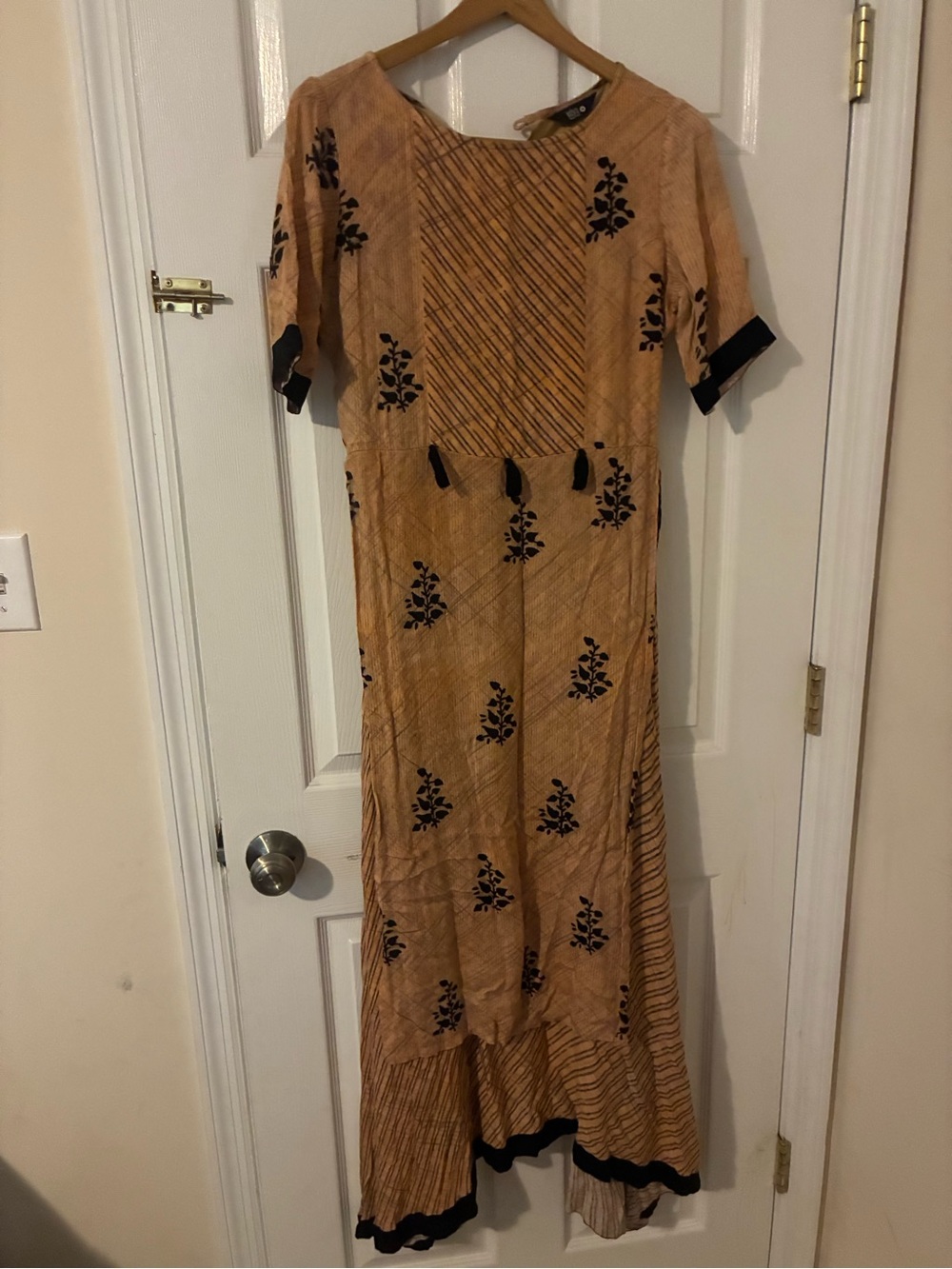 Beige Floral Print Maxi Dress with Black Trim